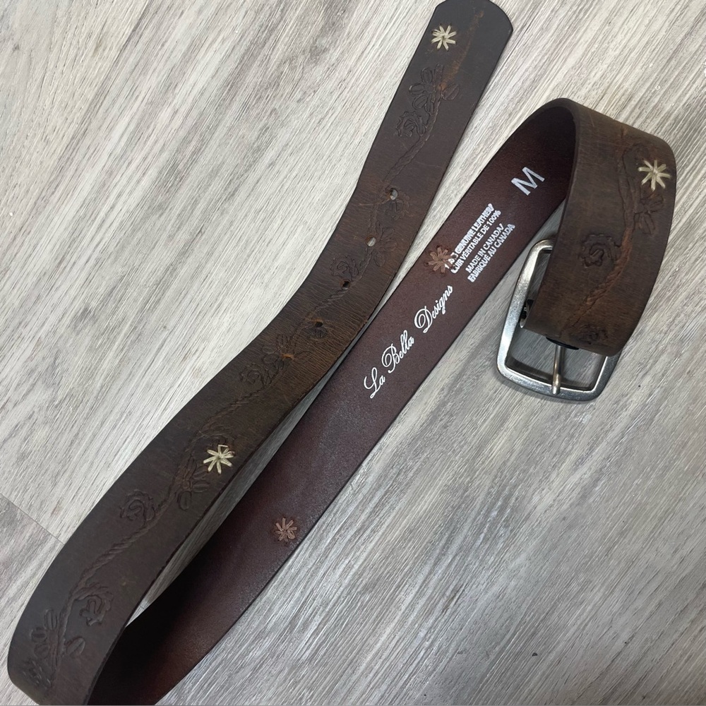 La Belle Floral Embossed Brown Belt with Silver Buckle made in italy